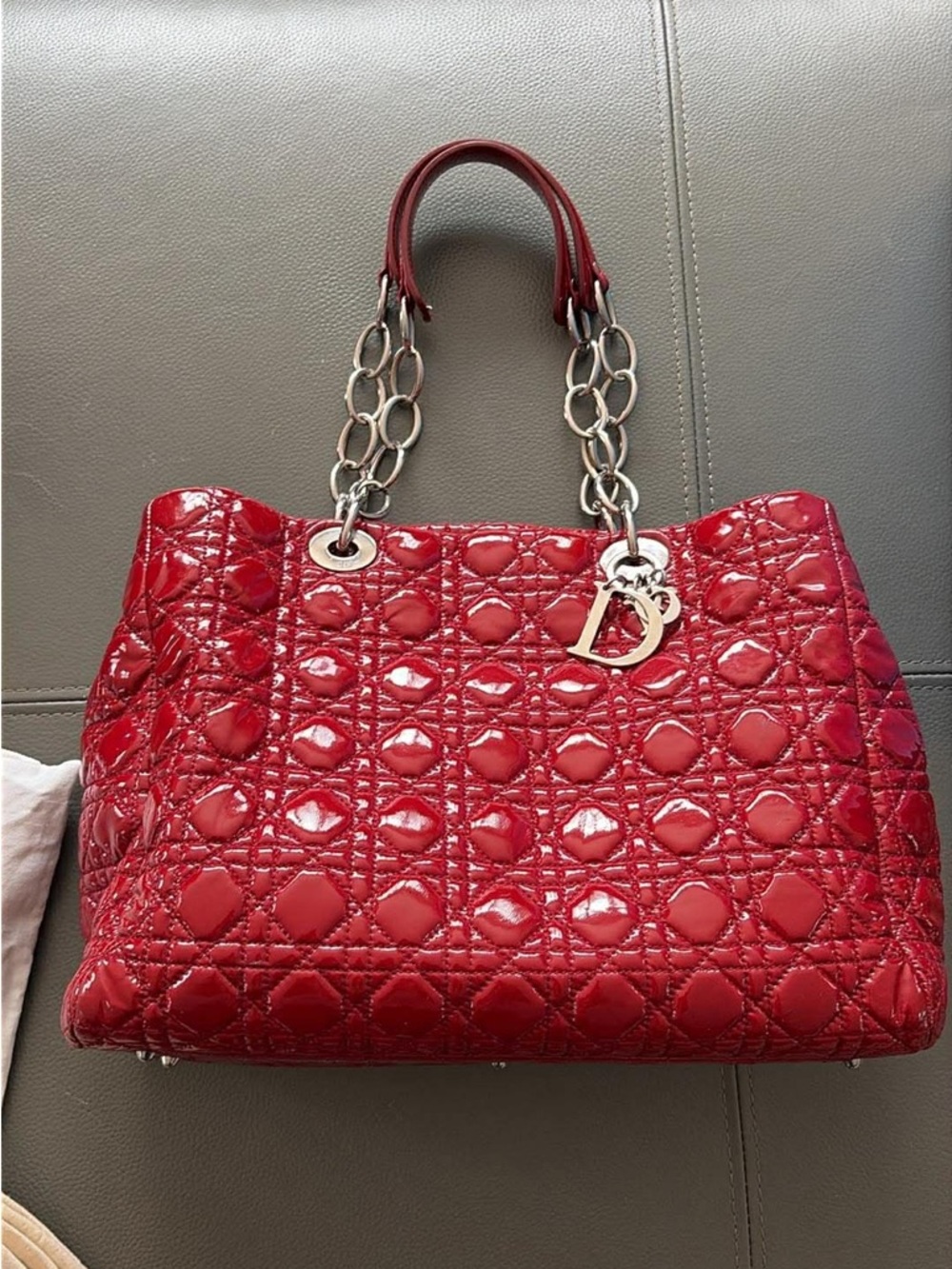 Dior Red Quilted Patent Leather Tote with Silver Chain Handles